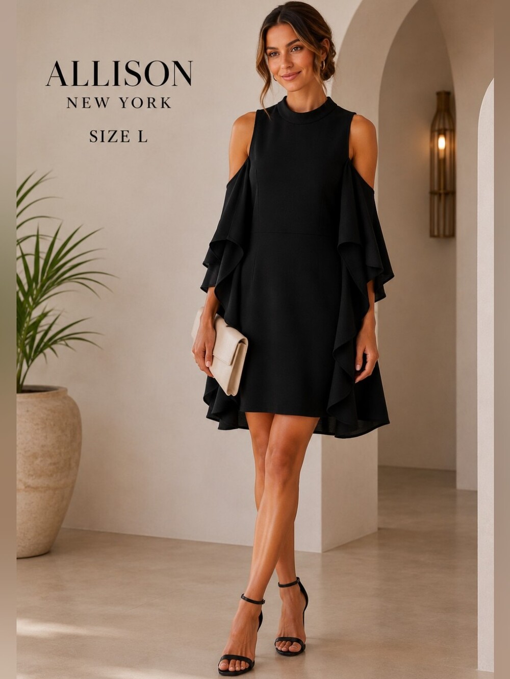 Allison New York Black Cold Shoulder Ruffle Mini Dress Size L